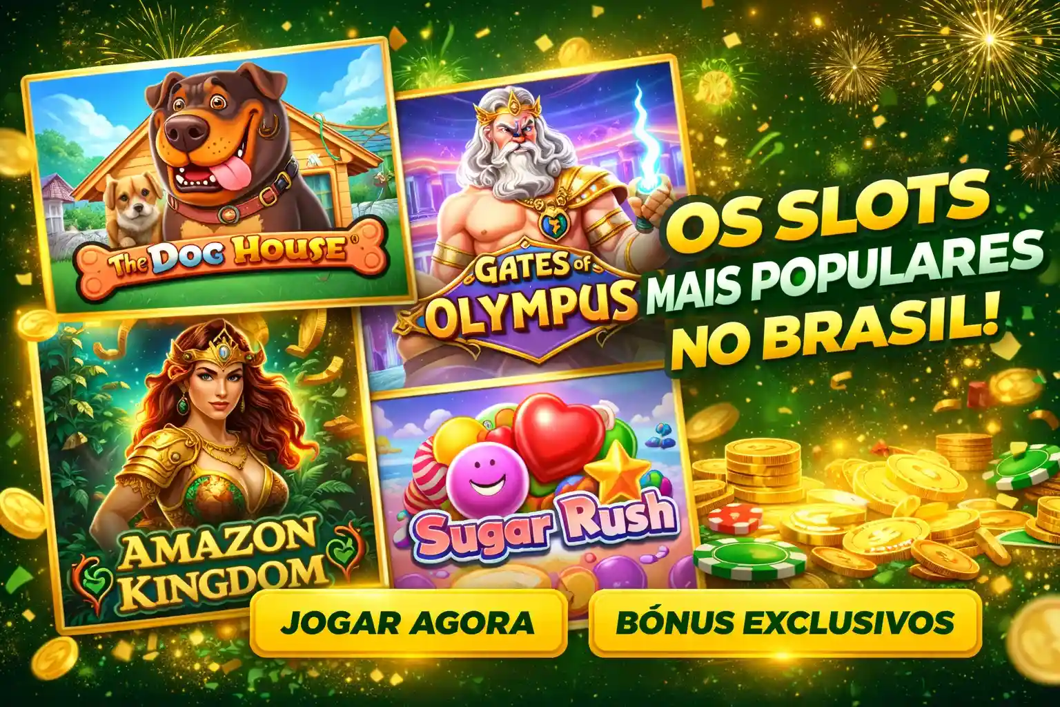 Colagem de slots populares no Brasil com jackpots e moedas